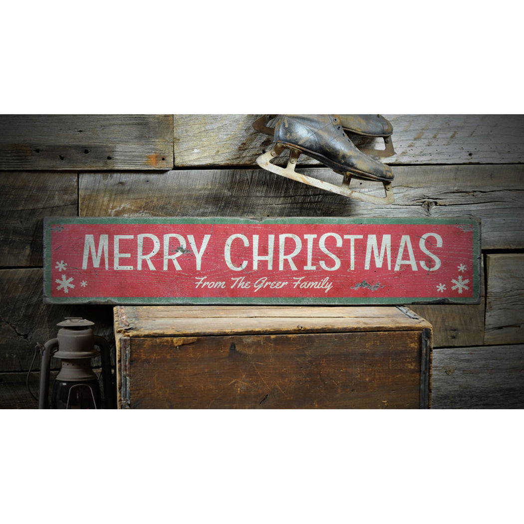 Merry Christmas Family name Snowflake Rustic Wood Sign