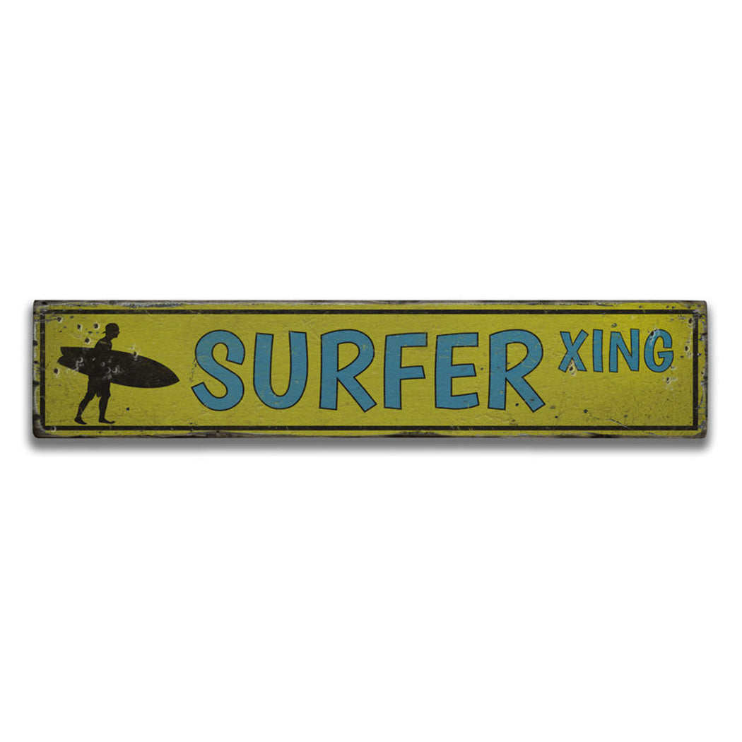 Surfer Crossing Rustic Wood Sign