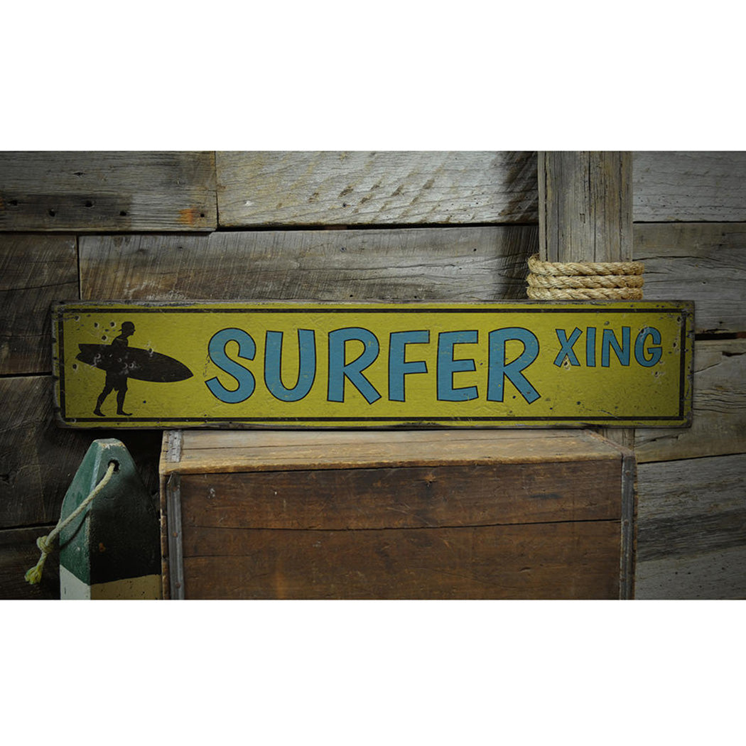 Surfer Crossing Rustic Wood Sign