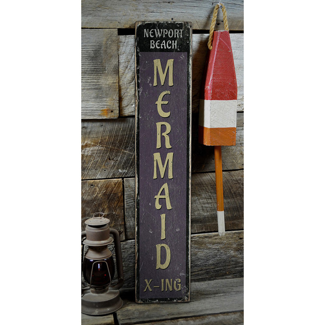 Mermaid Crossing Vertical Rustic Wood Sign