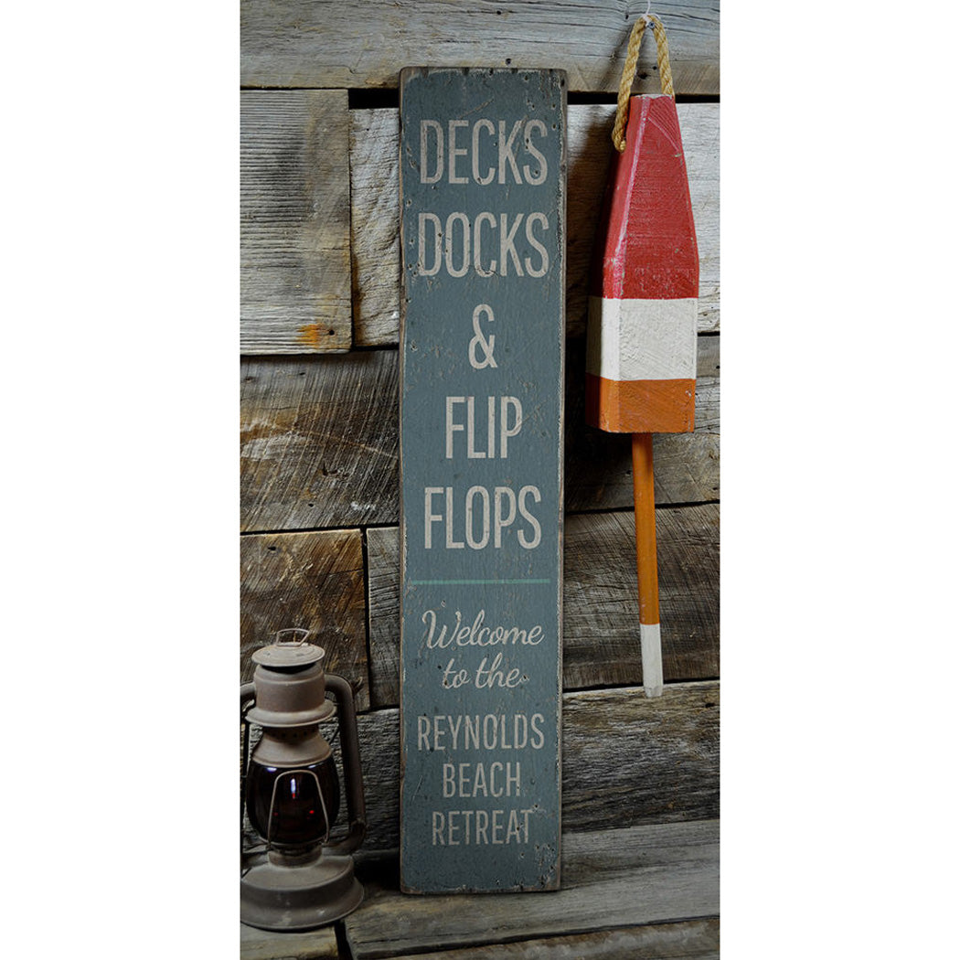 Decks Docks & Flip Flops Vertical Rustic Wood Sign