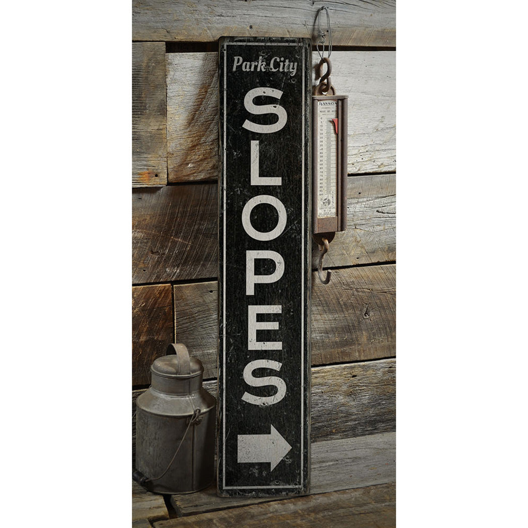 Slopes Arrow Vertical Rustic Wood Sign