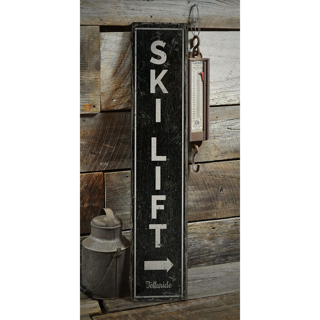 Ski Lift Vertical Rustic Wood Sign