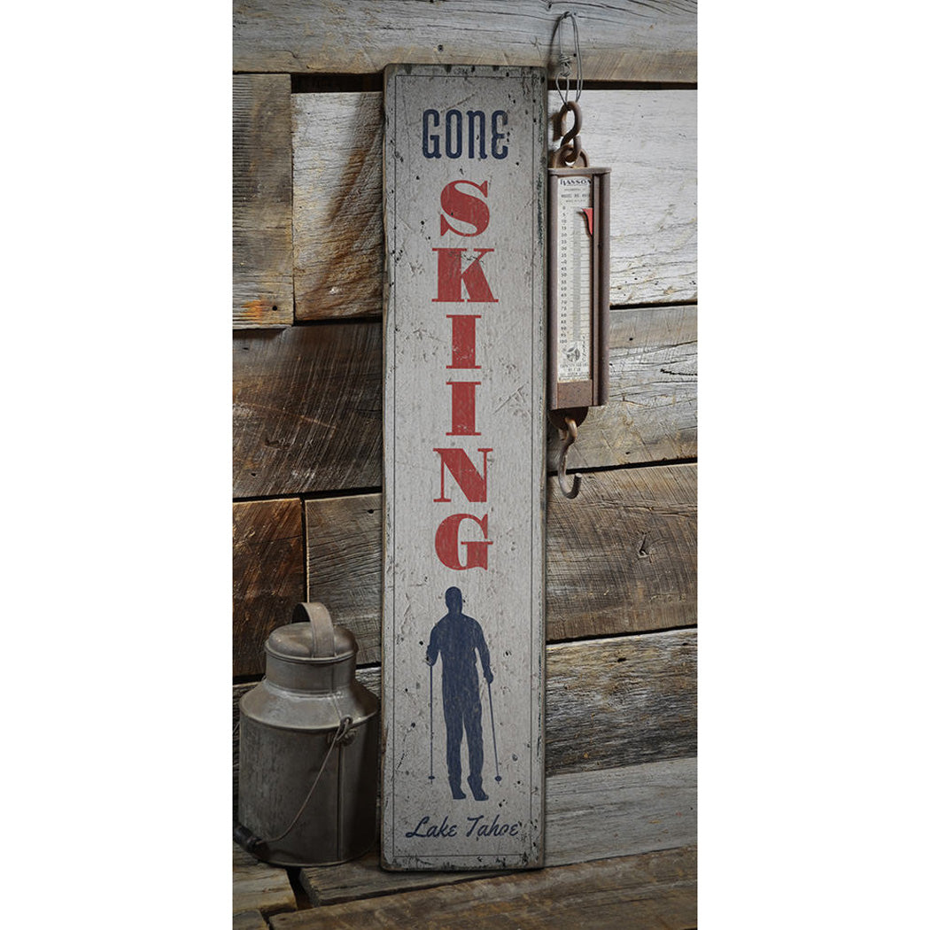 Skiing Vertical Rustic Wood Sign