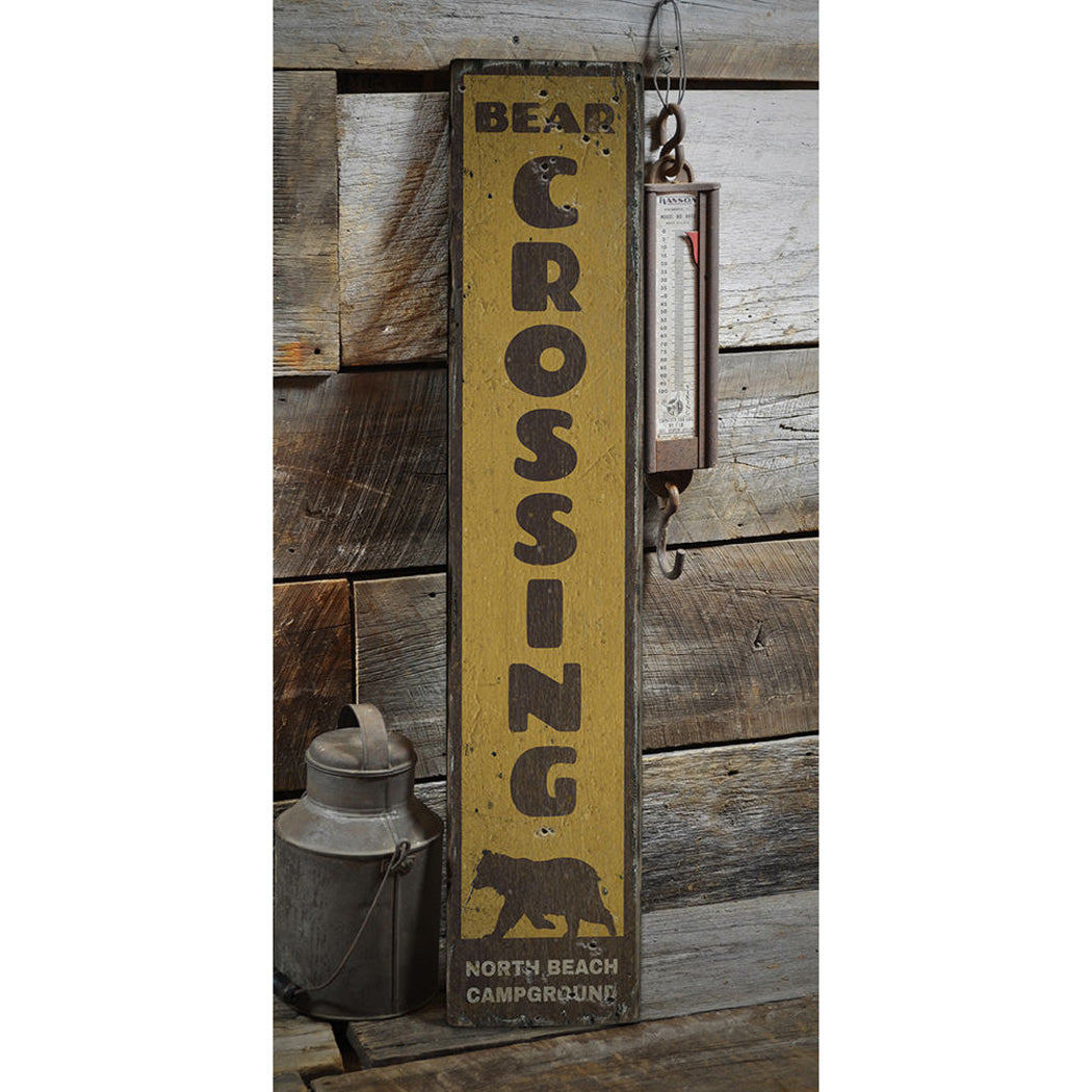 Bear Crossing Vertical Rustic Wood Sign