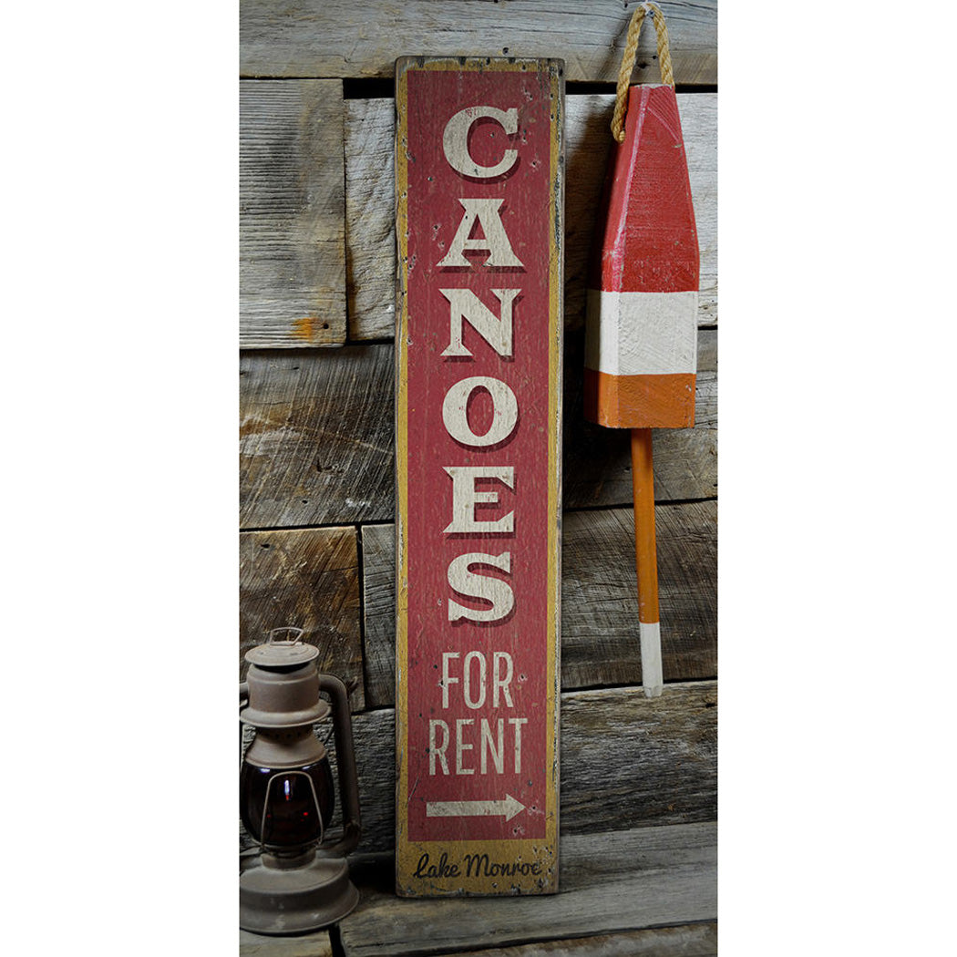 Canoes for Rent Arrow Vertical Rustic Wood Sign