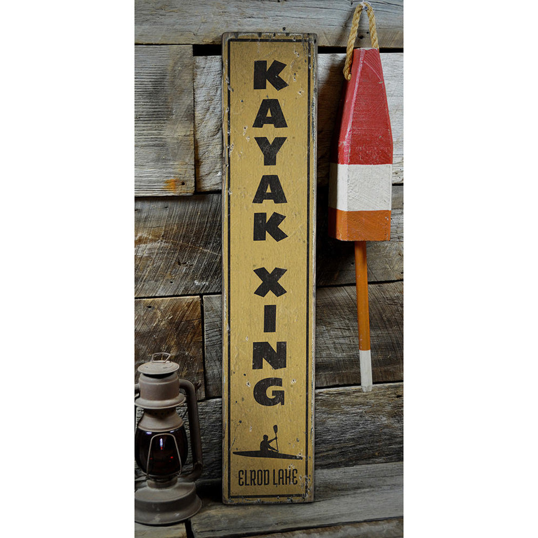 Kayak Crossing Vertical Rustic Wood Sign