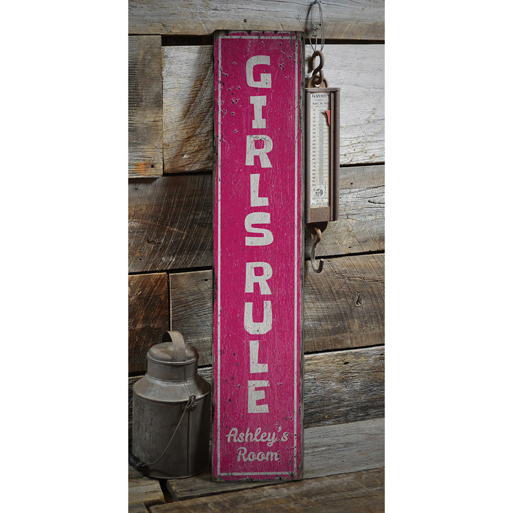 Girls Rule Vertical Rustic Wood Sign