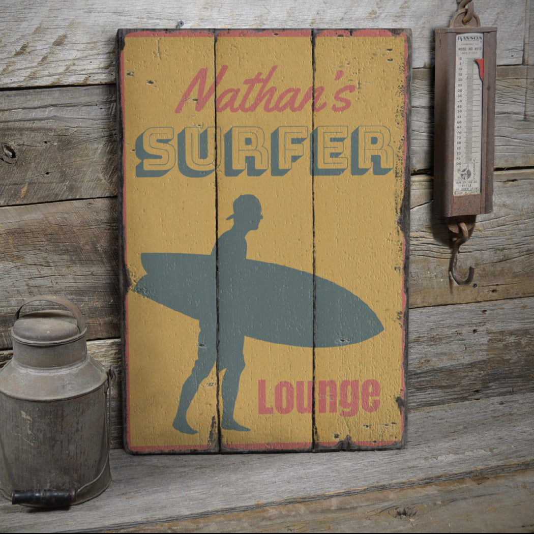 Surfer Lounge Rustic Wood Sign