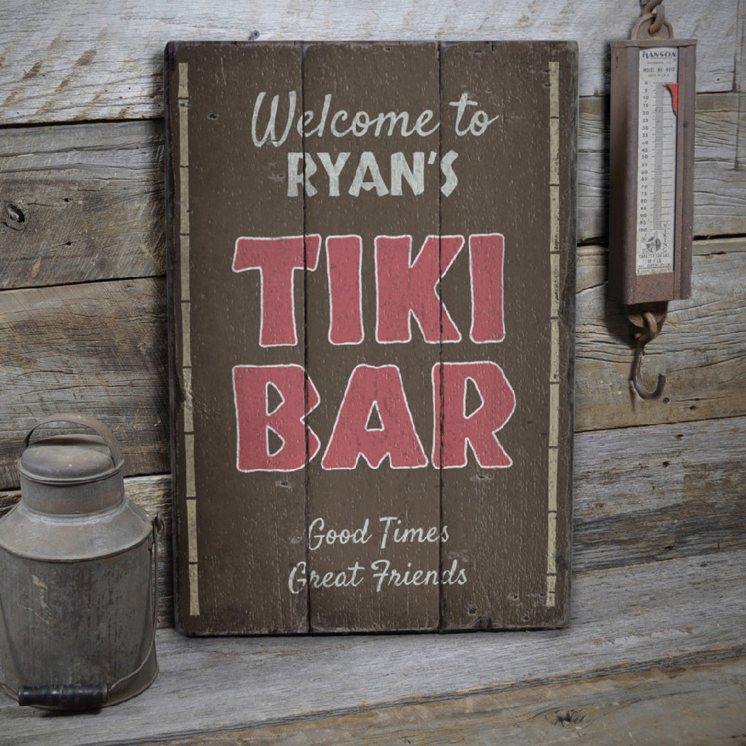 Welcome Name Tiki Bar Rustic Wood Sign