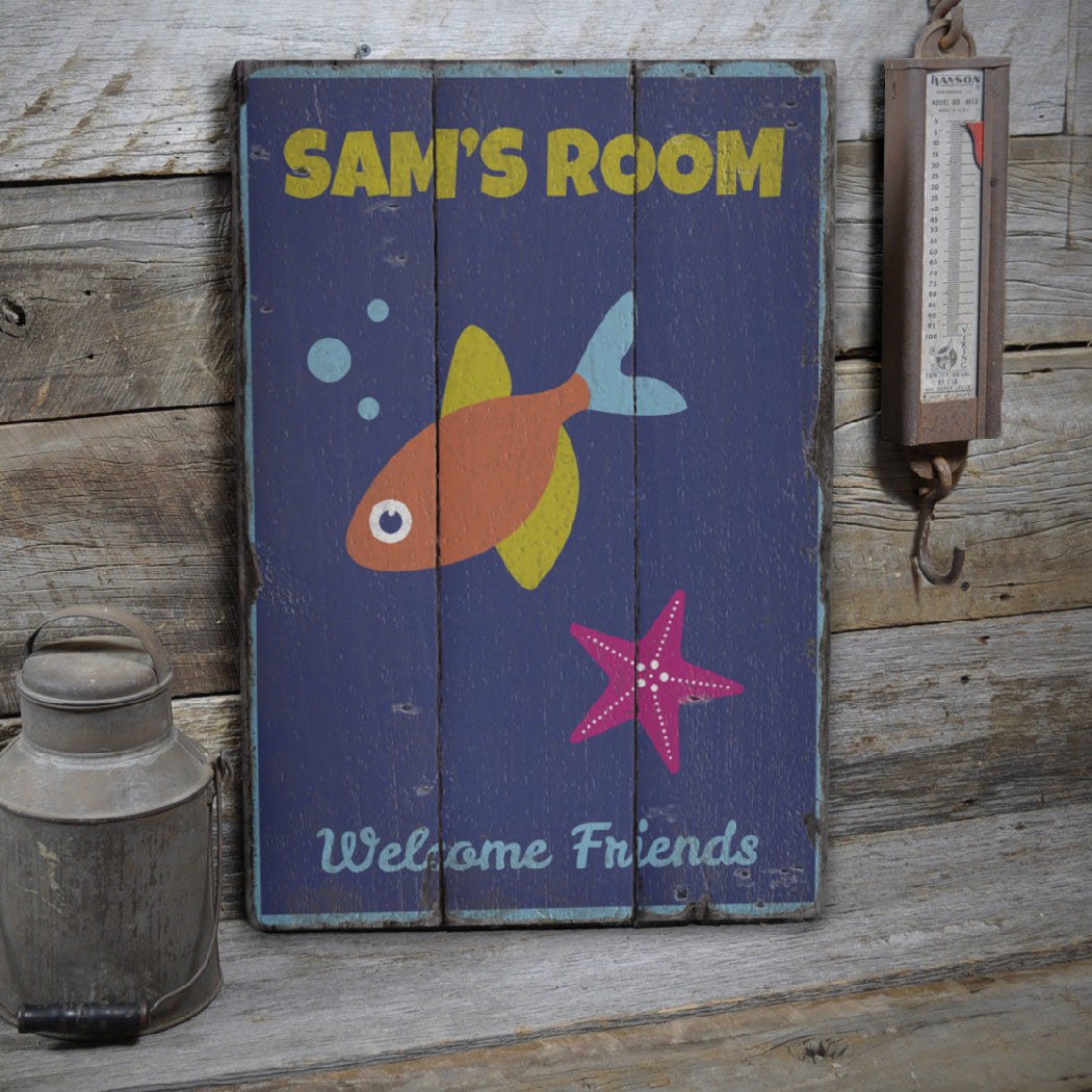 Fish & Starfish Kid Rustic Wood Sign