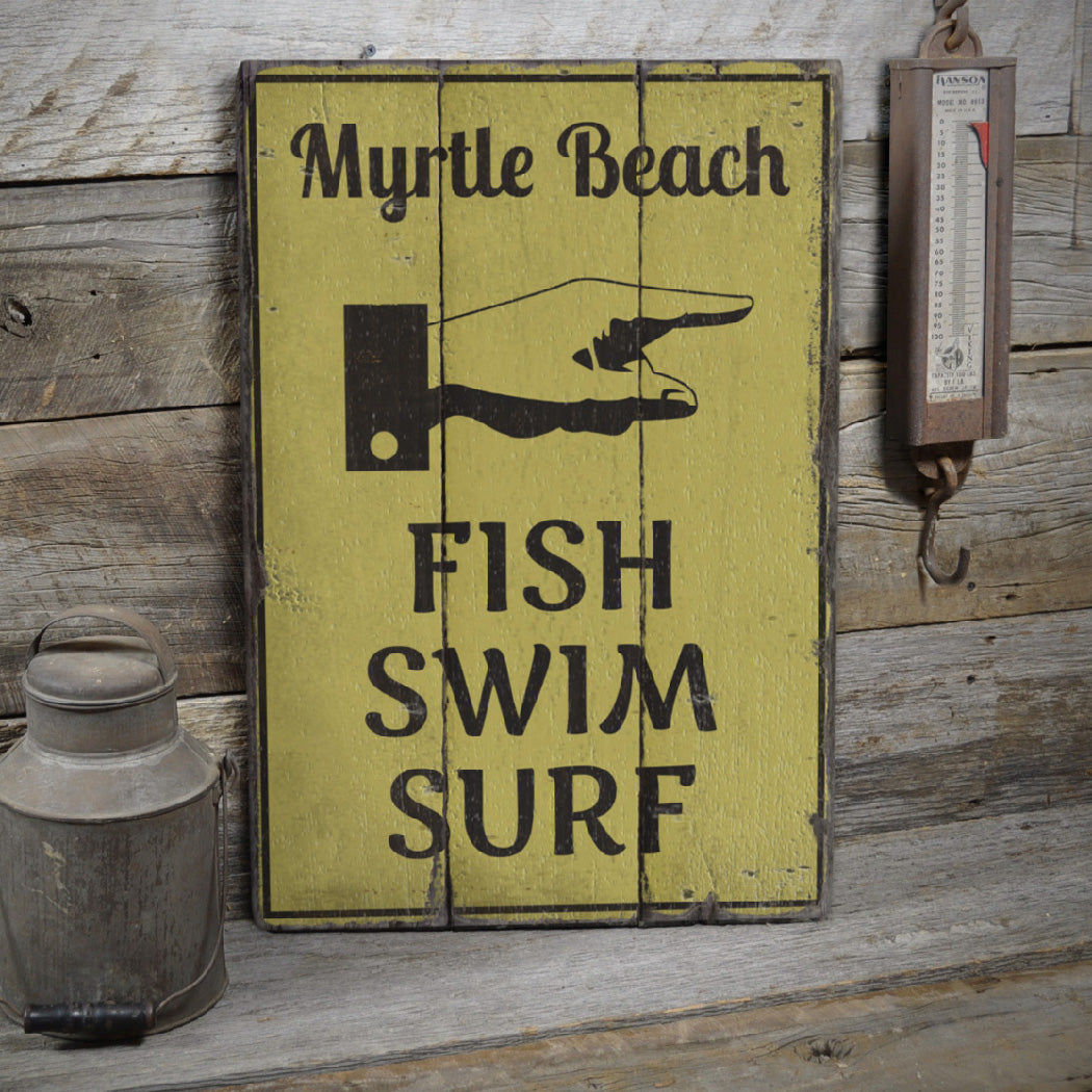 Fish Swim Surf Beach Rustic Wood Sign