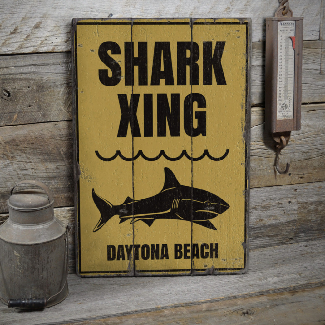 Beach Name Shark Crossing Rustic Wood Sign