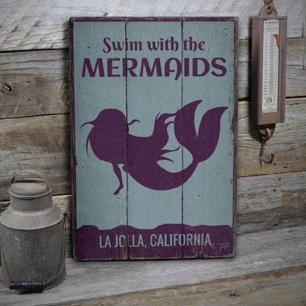 Swim With The Mermaids Rustic Wood Sign