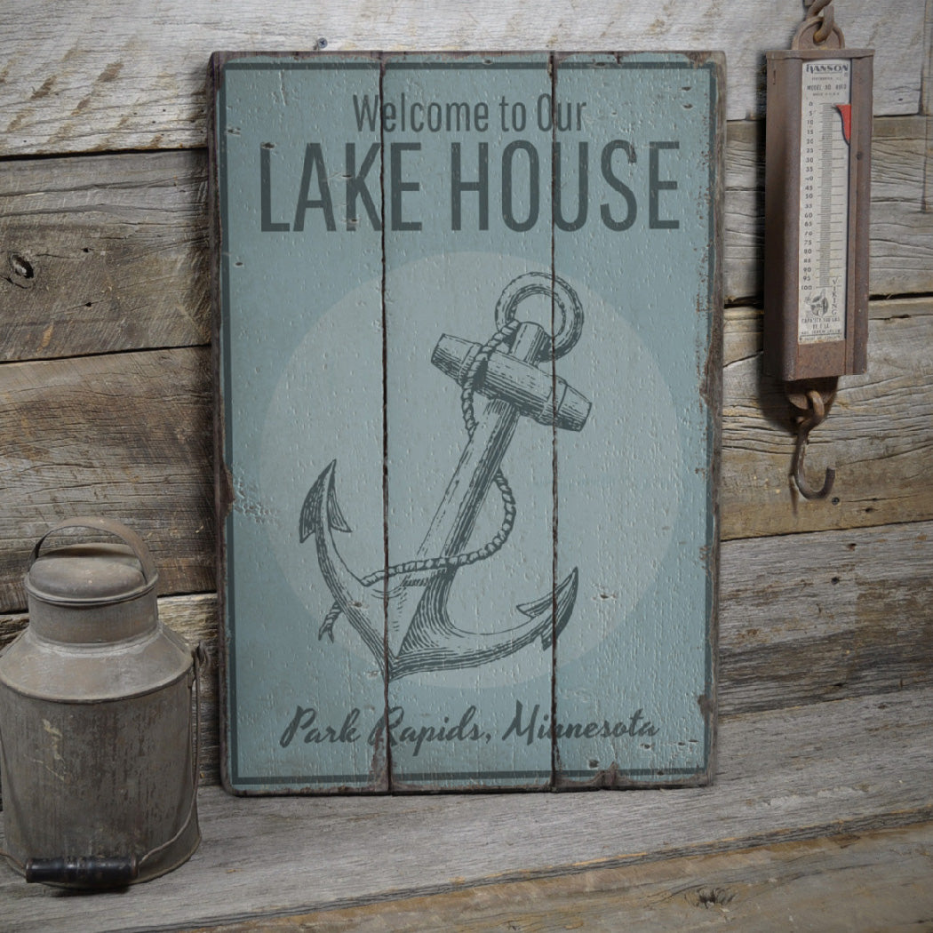 Lake House Welcome Anchor Rustic Wood Sign