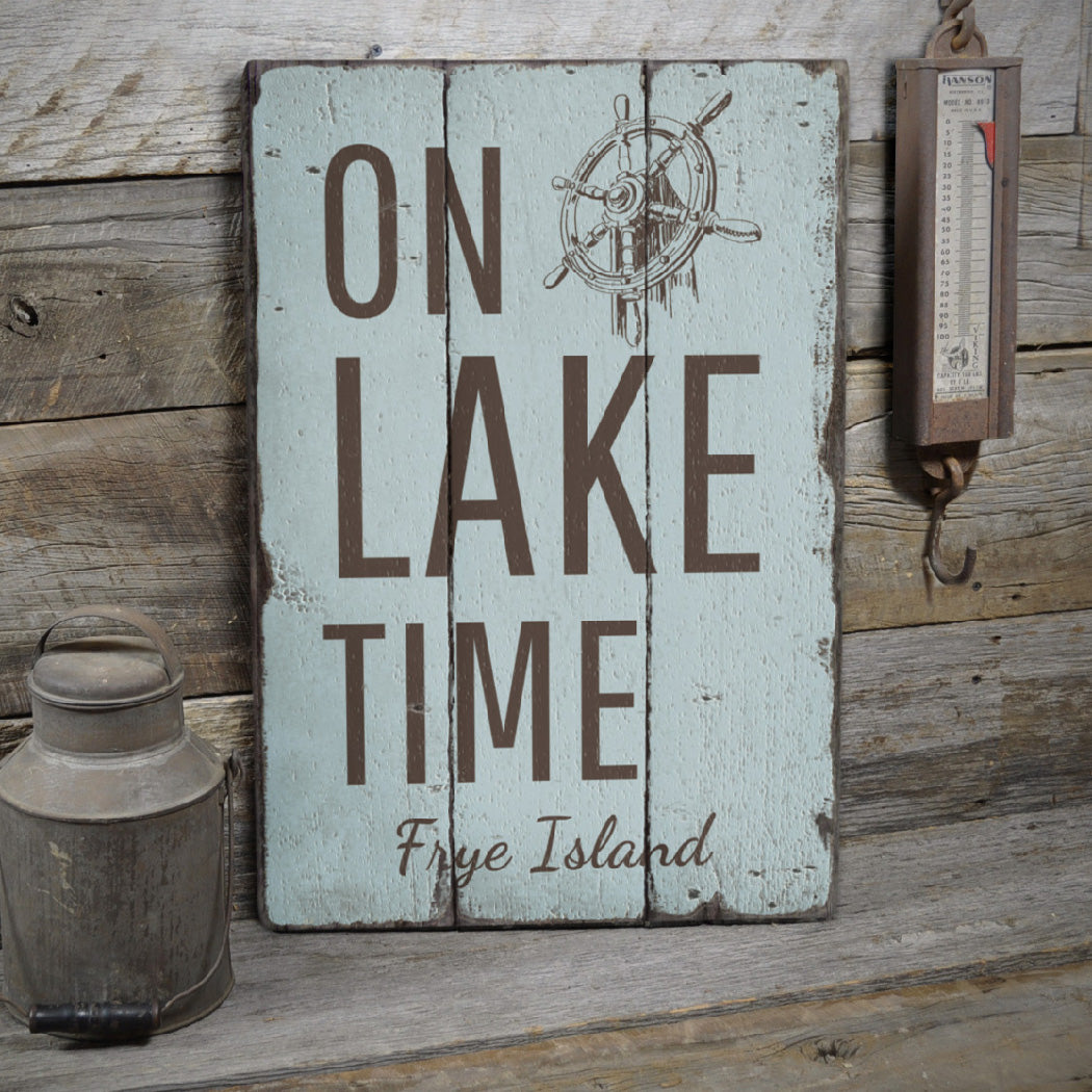 On Lake Time Wheel Rustic Wood Sign