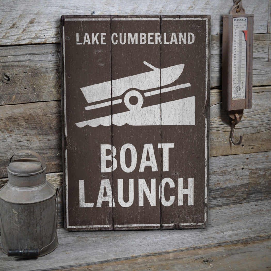 Boat Launch Lake Name Rustic Wood Sign