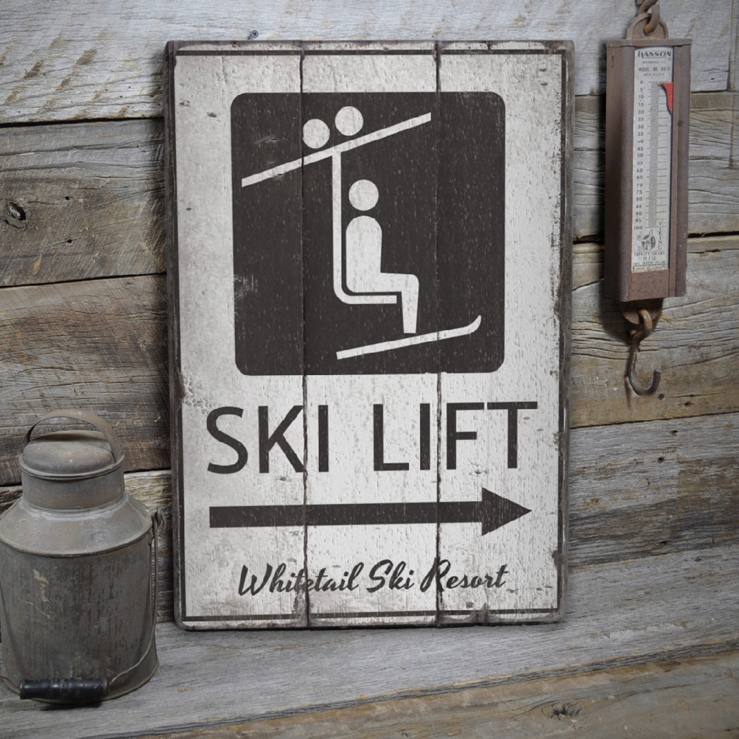 Ski Lift Directional Arrow Rustic Wood Sign