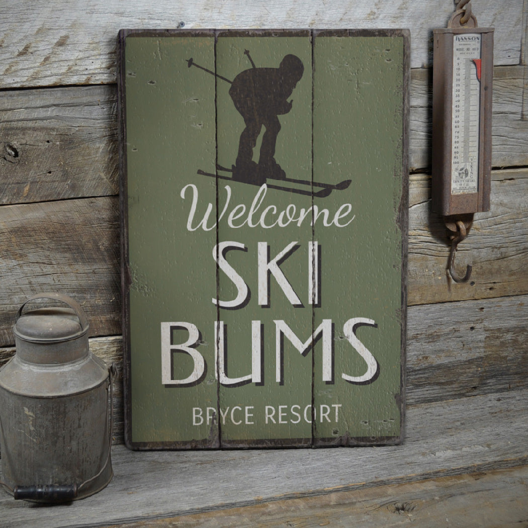 Ski Resort Skier Rustic Wood Sign