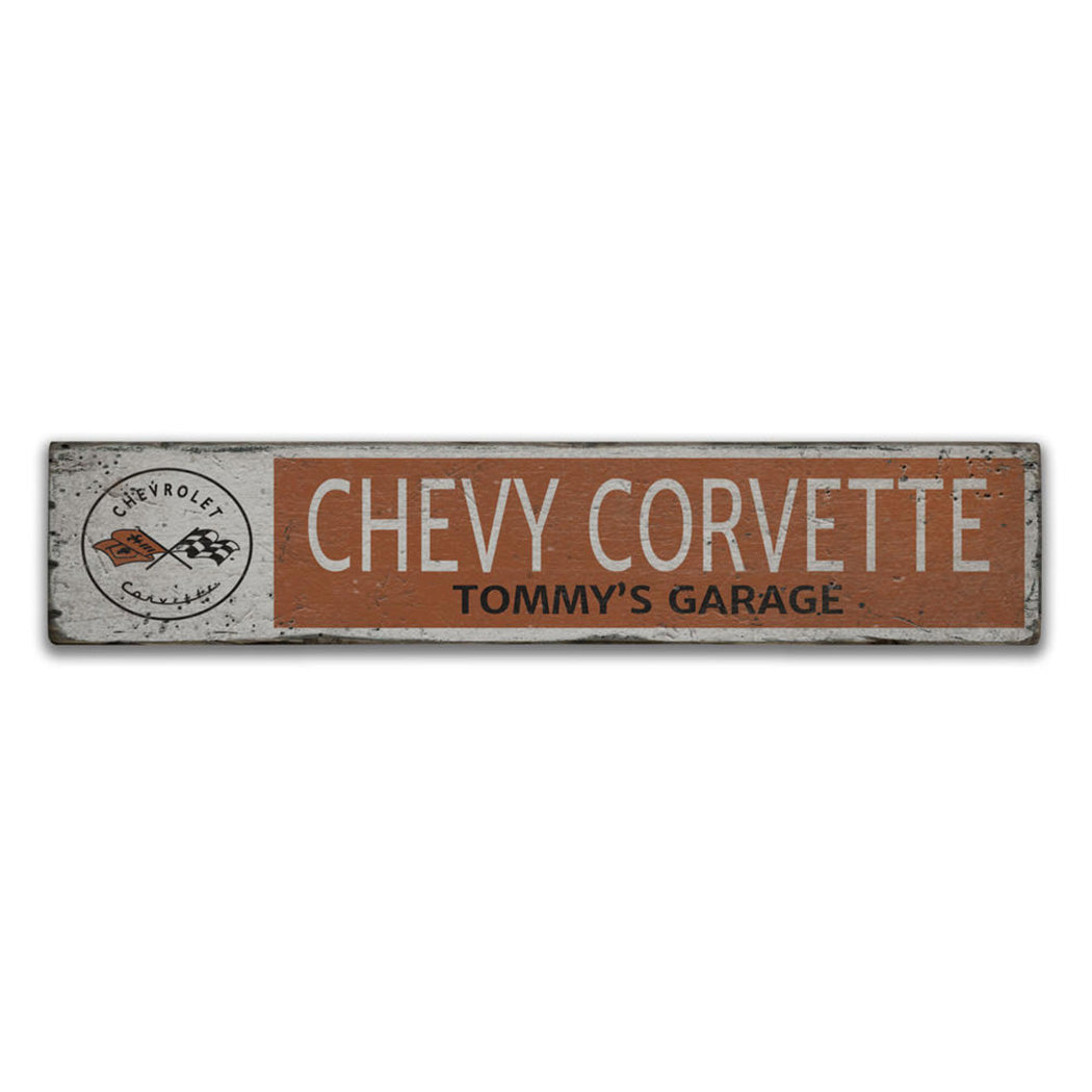 Chevy Corvette Garage Name Rustic Wood Sign