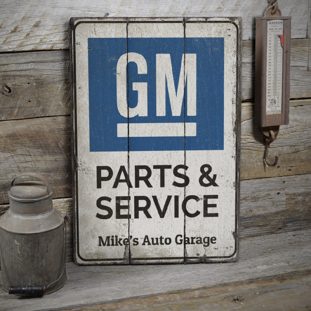 GM Parts and Service Auto Garage Personalized Rustic Wood Sign