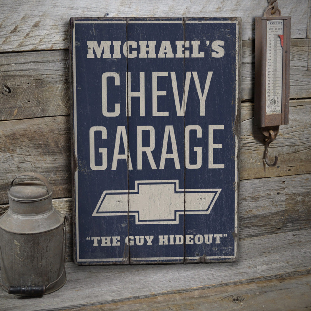 Chevy Logo Garage Rustic Wood Sign