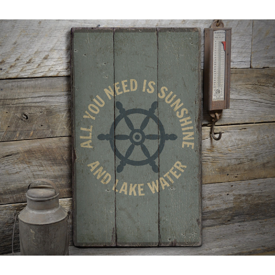 Lake Ship Wheel Rustic Wood Sign