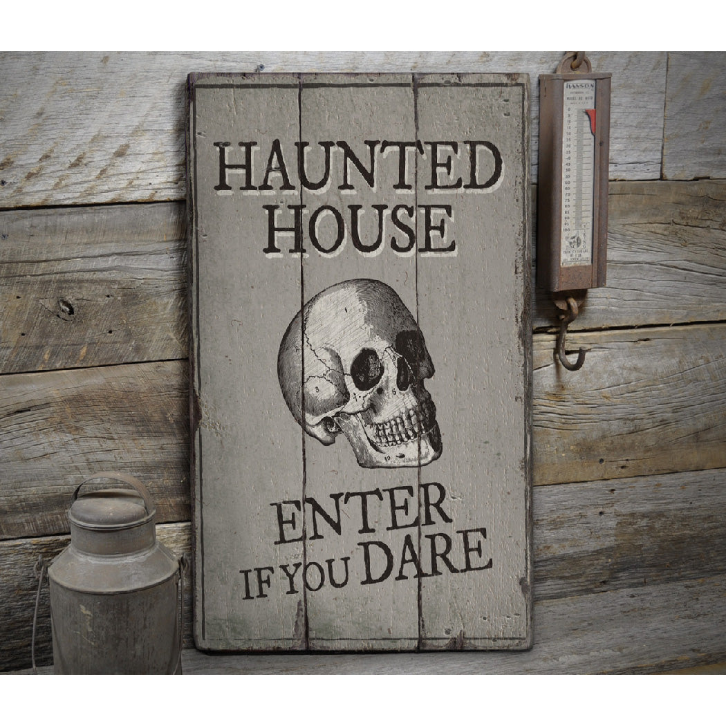 Skull Haunted House Rustic Wood Sign