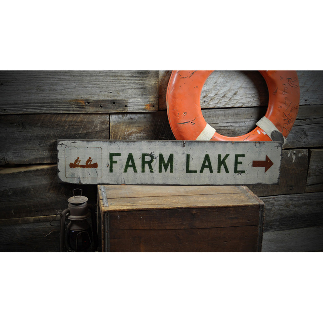 Lake w/ Canoe & Arrow Rustic Wood Sign