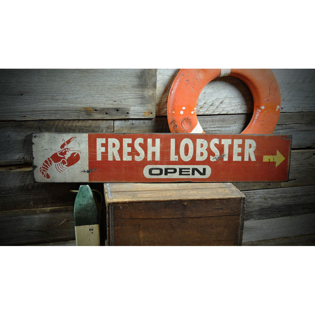 Fresh Lobster Seafood Open Rustic Wood Sign