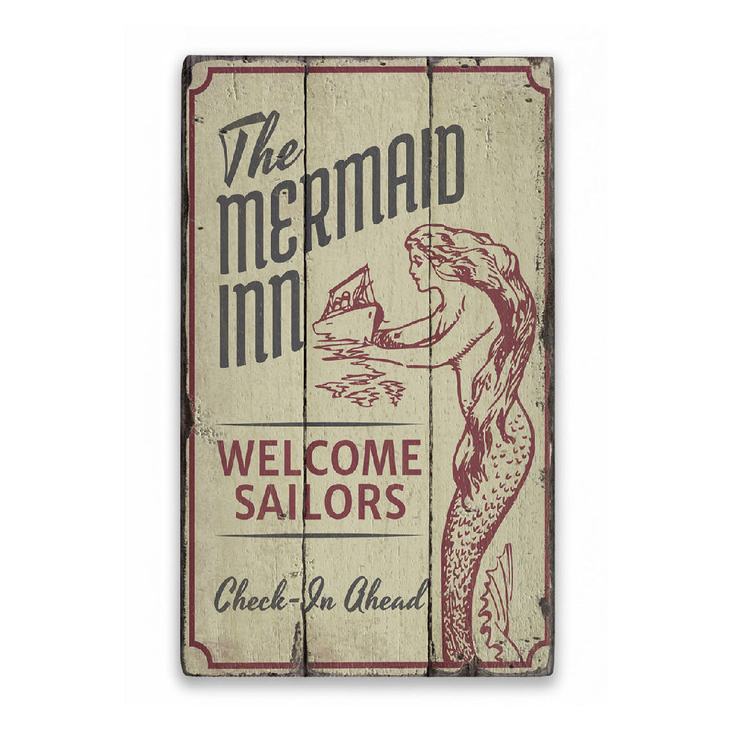 Vintage Mermaid Inn Rustic Wood Sign