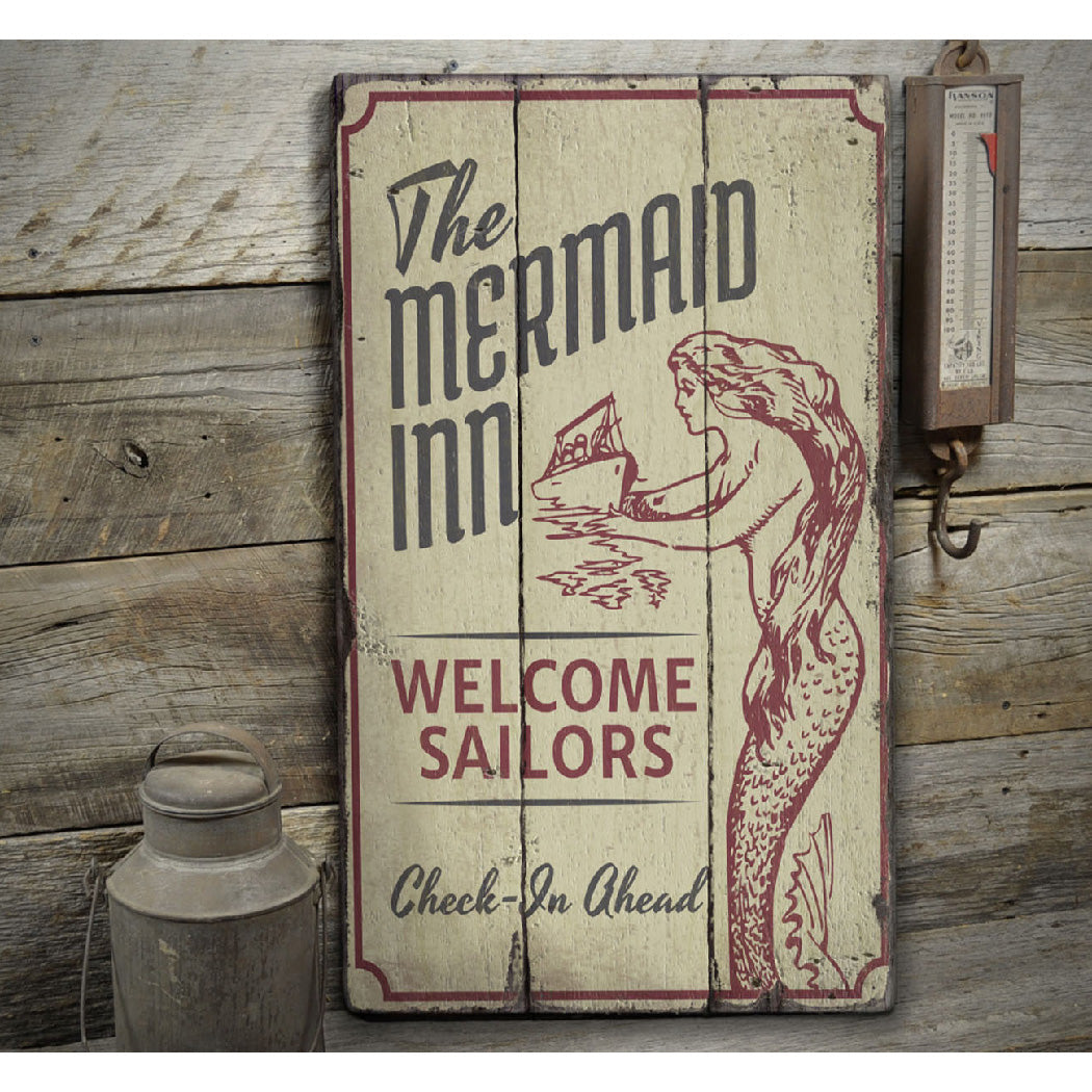 Vintage Mermaid Inn Rustic Wood Sign