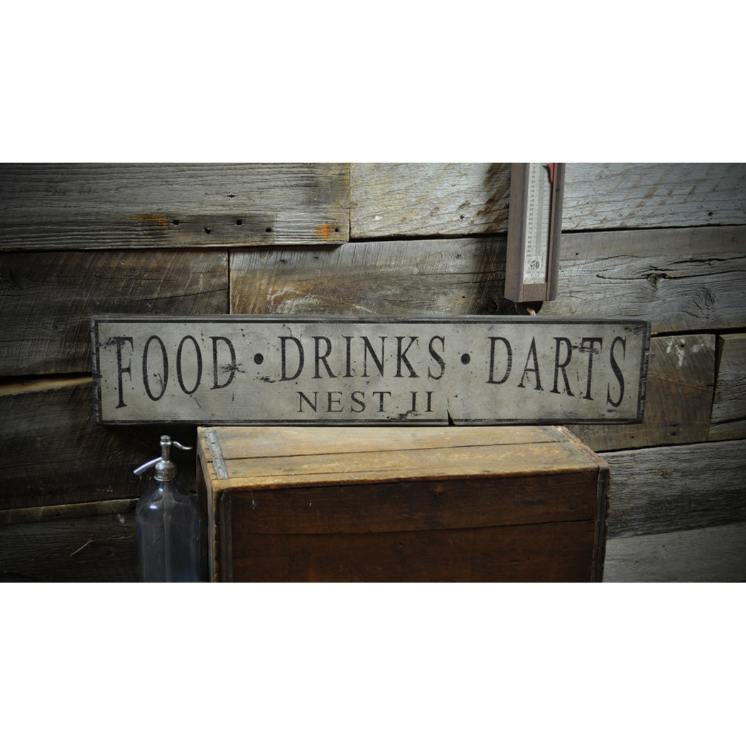 Food Drinks Darts Rustic Wood Sign