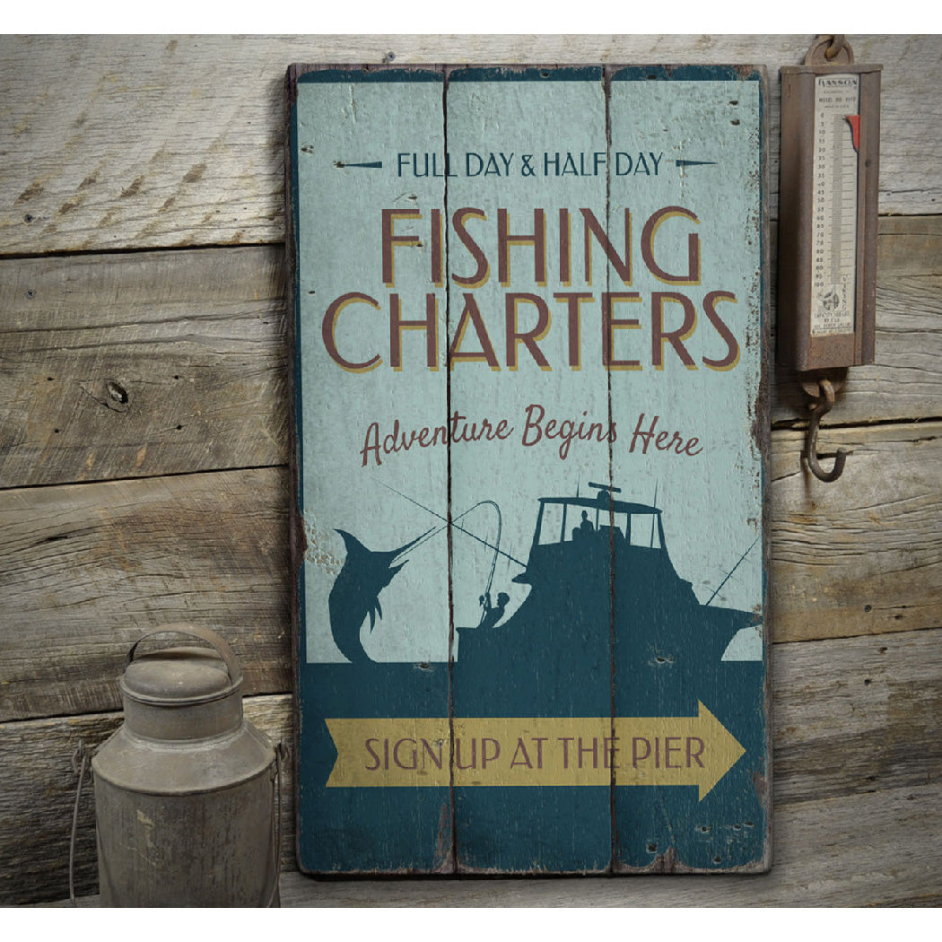 Fishing Charter Arrow Rustic Wood Sign