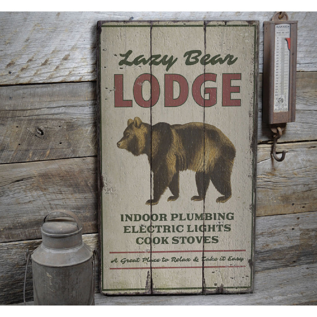 Lazy Bear Lodge Rustic Wood Sign