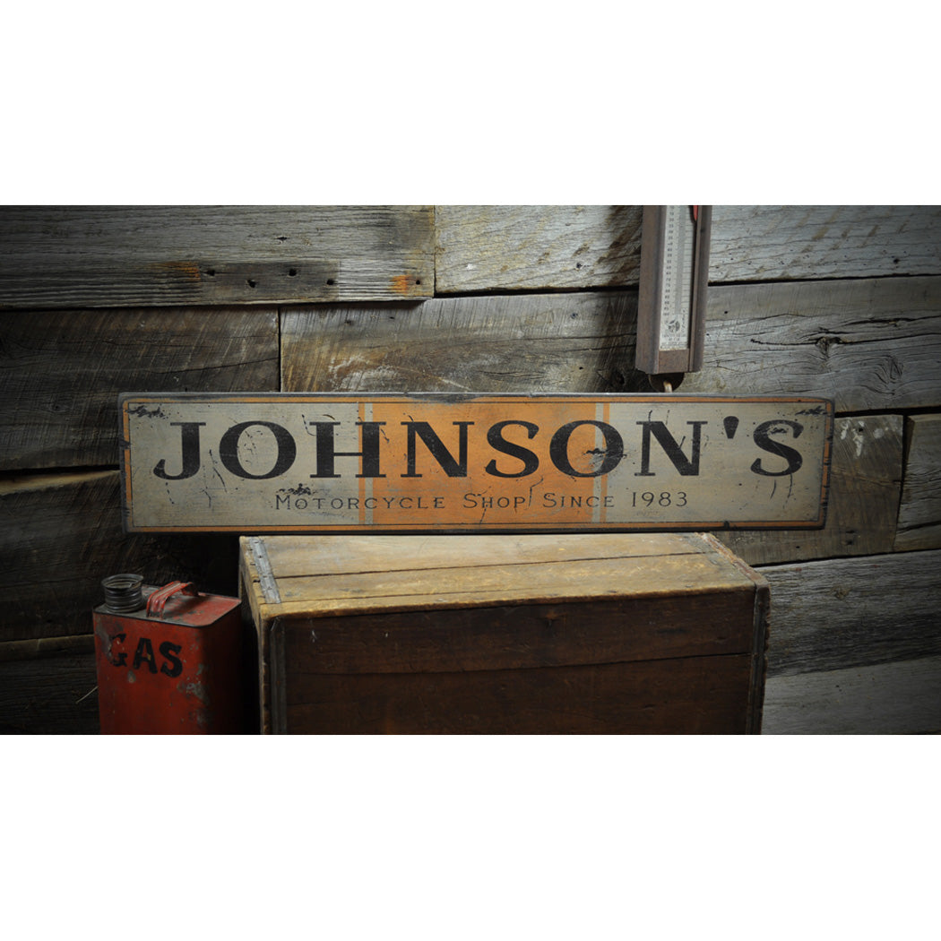 Motorcycle Shop Date Rustic Wood Sign