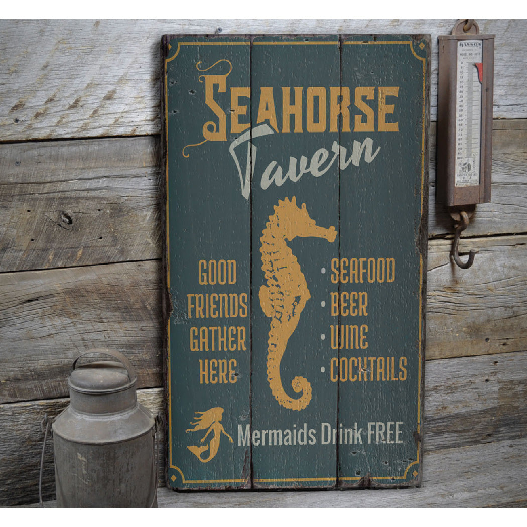 Seahorse Tavern Rustic Wood Sign