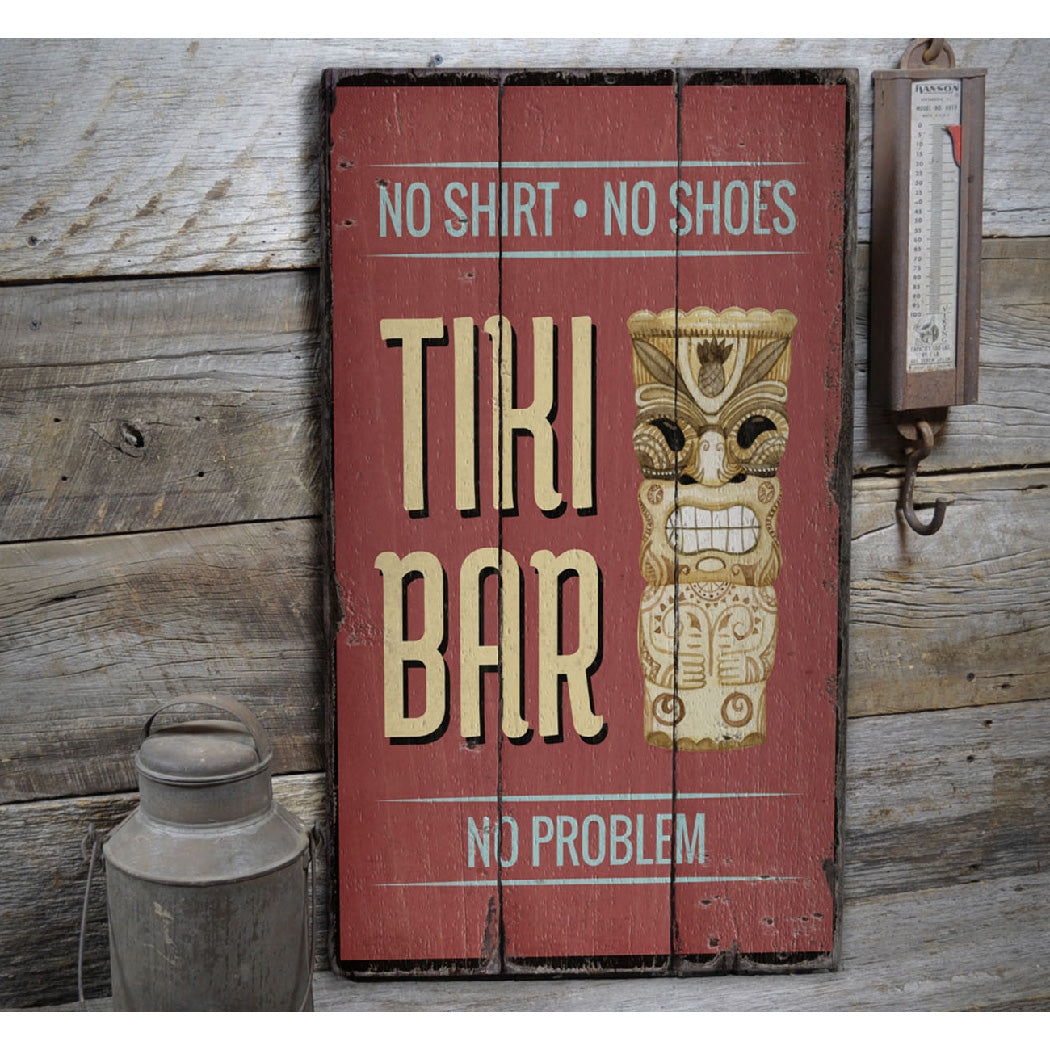 Tiki Statue Rustic Wood Sign