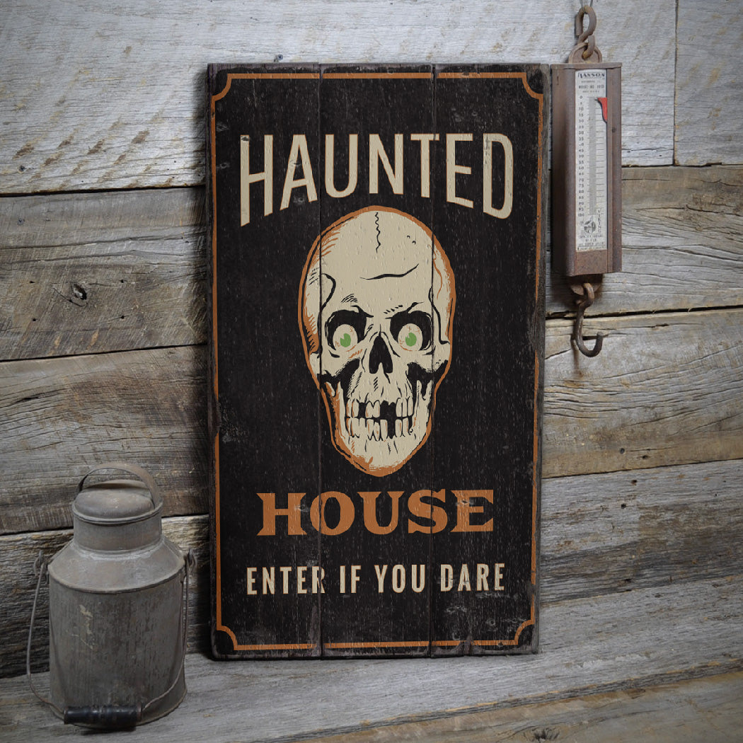 Haunted House Skull Rustic Wood Sign