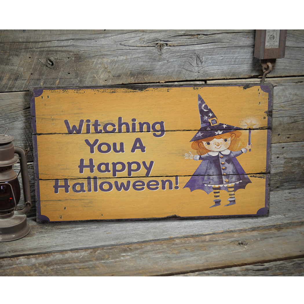 Witching You A Happy Halloween Rustic Wood Sign