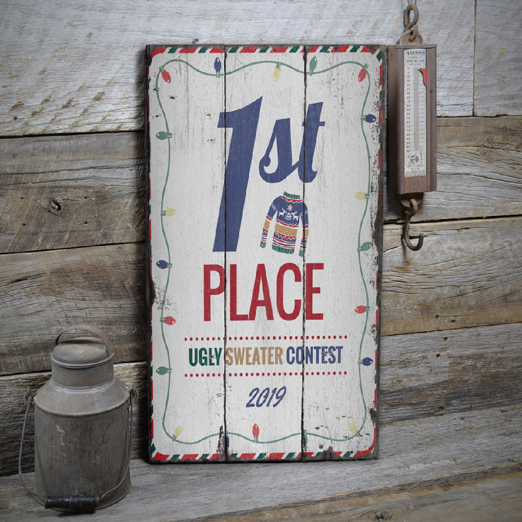 1st Place Ugly Sweater Contest Rustic Wood Sign