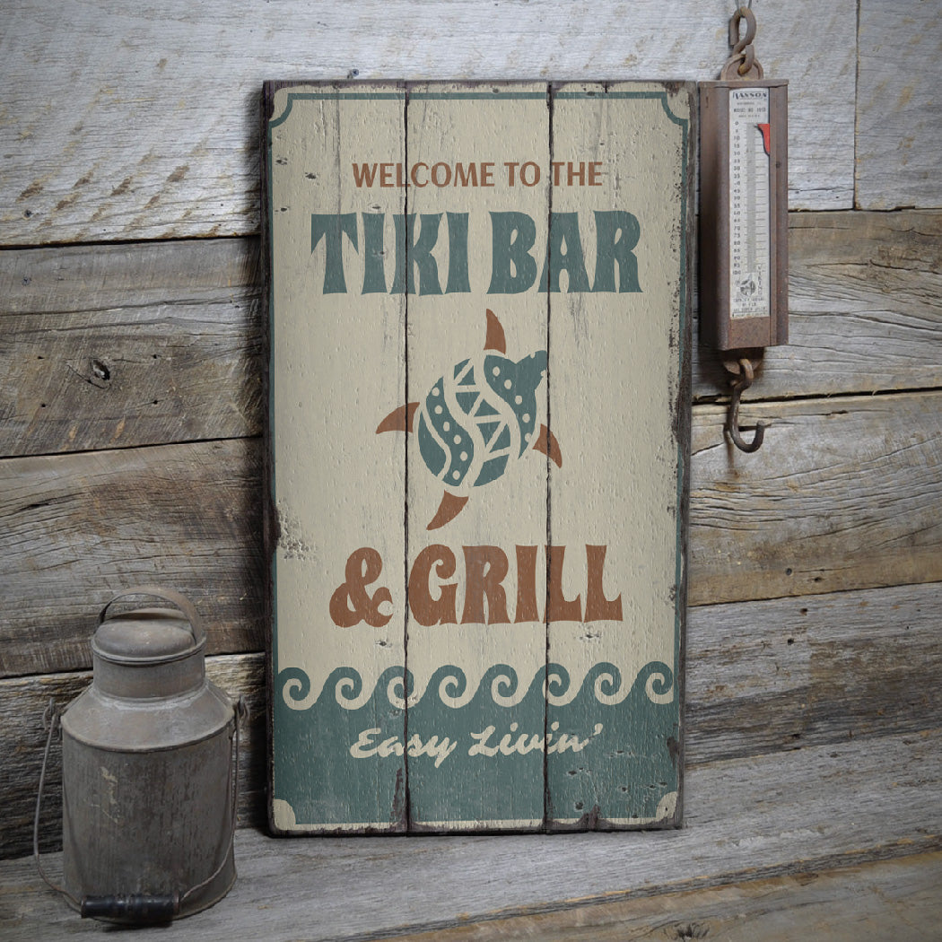 Tiki Bar Turtle Rustic Wood Sign