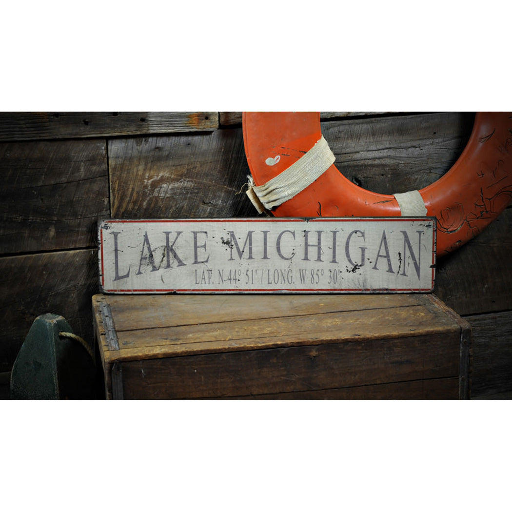 Lake Michigan Lat/Long Rustic Wood Sign