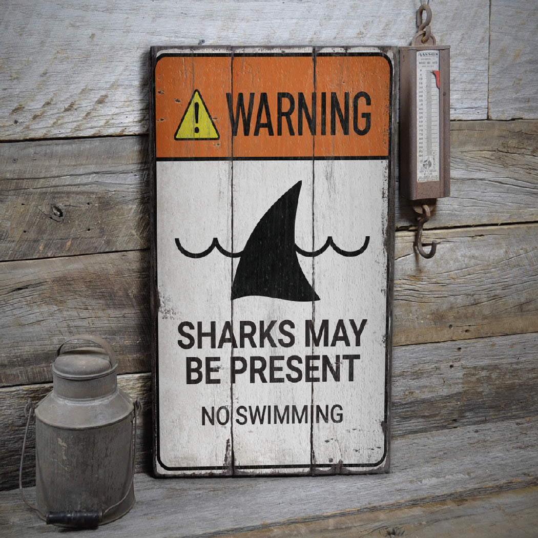 Warning Sharks Present Rustic Wood Sign