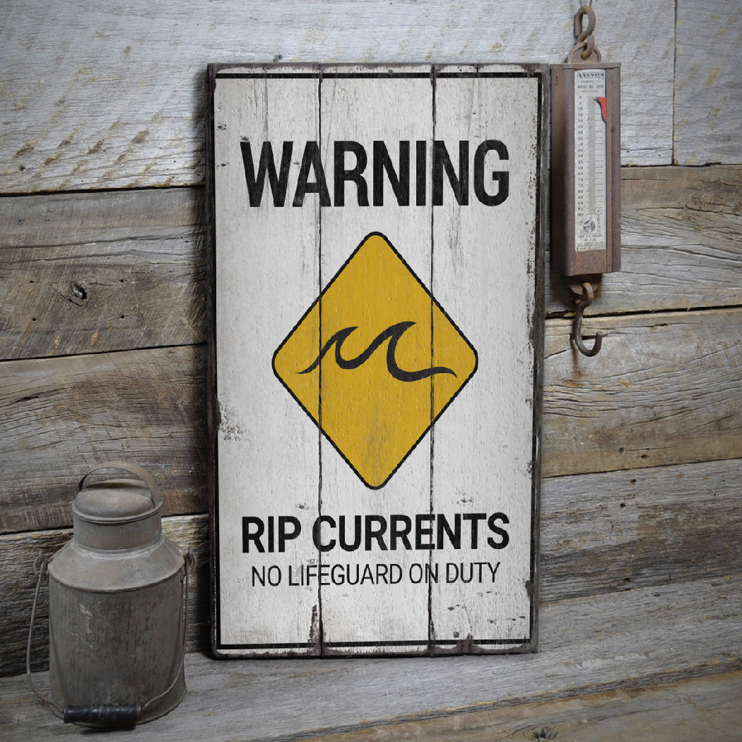 Rip Currents Warning Rustic Wood Sign