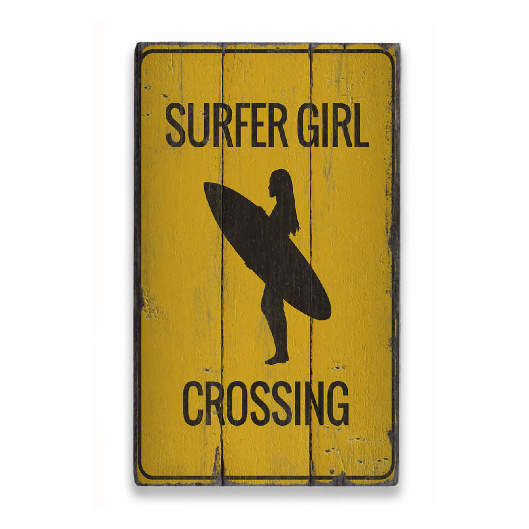 Surfer Girl Crossing Rustic Wood Sign