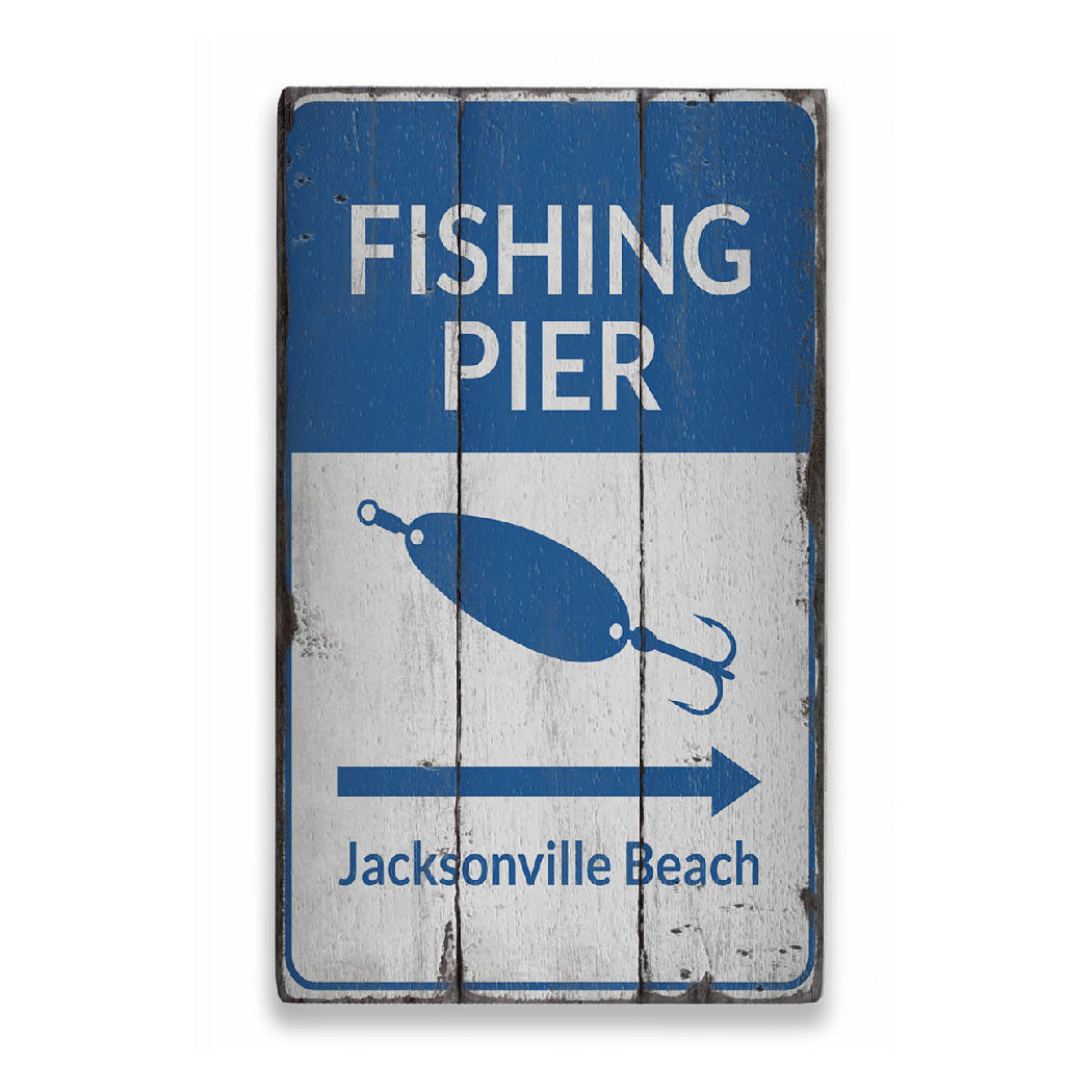 Fishing Pier Arrow Rustic Wood Sign