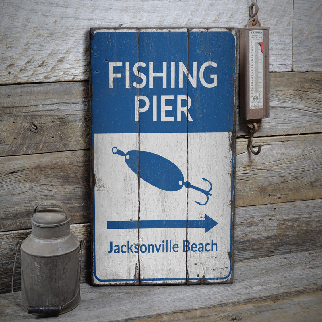 Fishing Pier Arrow Rustic Wood Sign