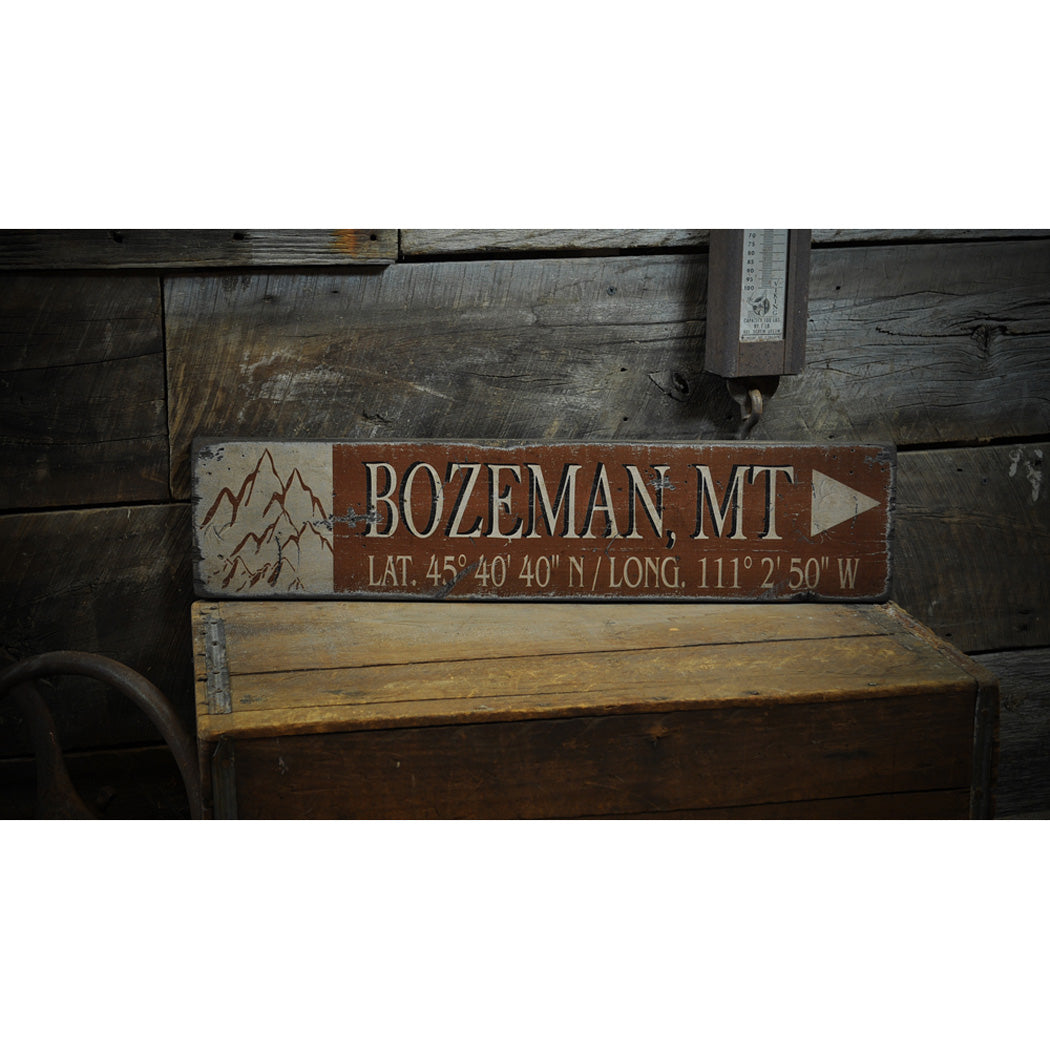 Mountain Lat & Long Rustic Wood Sign