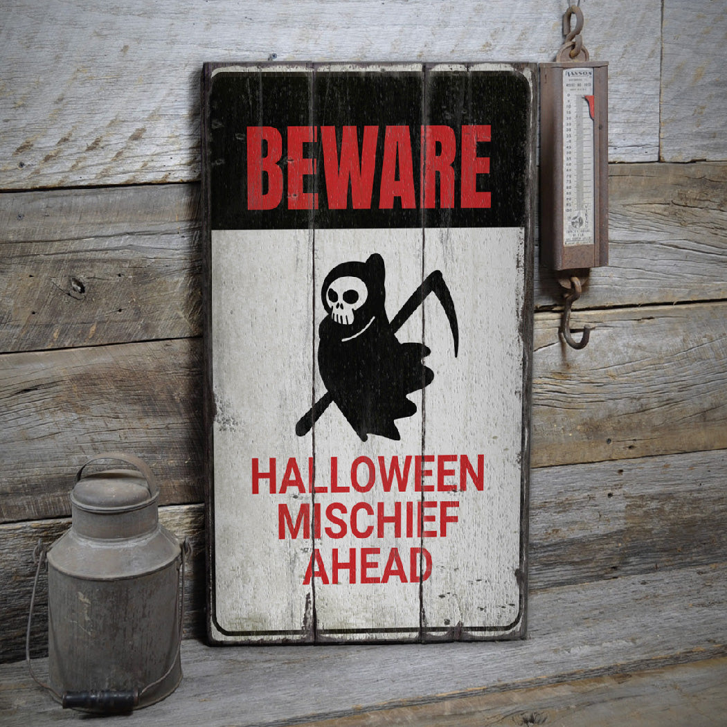 Beware Grim Reaper Rustic Wood Sign